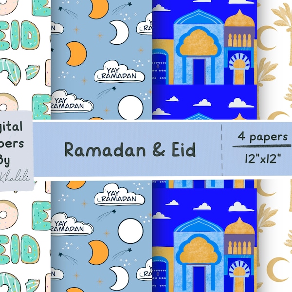 Set of 4 Digital Ramadan and Eid Paper, Gift Wrap, Treat bags, printable, Digital Download, Ramadan treat bags, Ramadan wrapping paper, Gift
