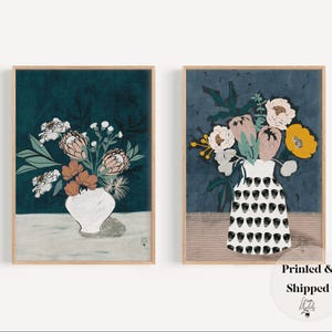 2er-Set - Florale Kunstwerke, Blumenbilder, stimmungsvolle Kunst, Blumen in Vase Zeichnung, Blumen Kunst Poster, Vintage Wandkunst, Protea, Wildblume