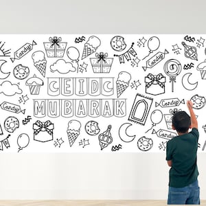 May include: A black and white illustration of a child drawing on a white wall. The wall is decorated with various doodles, including the words "Eid Mubarak", ice cream cones, donuts, and stars.