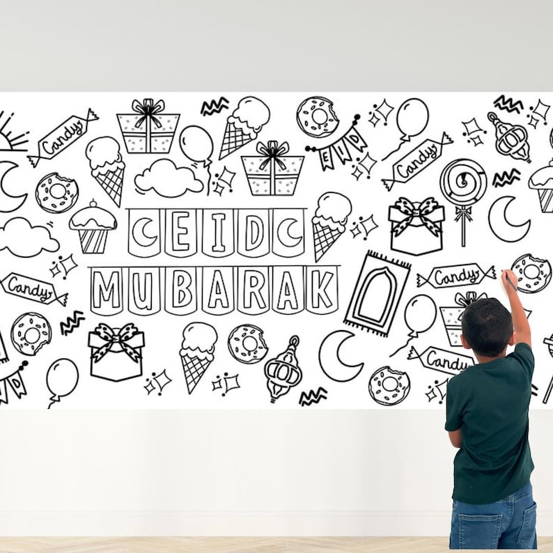 May include: A black and white illustration of a child drawing on a white wall. The wall is decorated with various doodles, including the words "Eid Mubarak", ice cream cones, donuts, and stars.