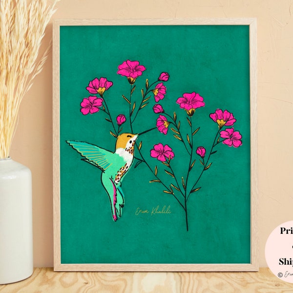 Floral hummingbird wall art print | bird art | hummingbird painting | nature art print | bird lover gifts | hummingbird decor I poster