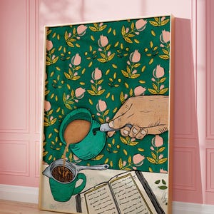 Coffee | Desi Pakistani Chai wall art print | Tea pot | Coffee lover artwork | Green painting | kitchen decor| Indian | Yemeni | Afghan tea