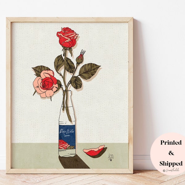 Roses art print, pink rose wall art, flower illustration, floral painting, wild rose drawing in ink, minimalist still life, retro, pakistan