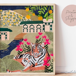 Tiger wall art print, jungle theme, Painting, Nature Wall Decor, Big Cat, animal safari boho hanging, botanical floral Moroccan design art