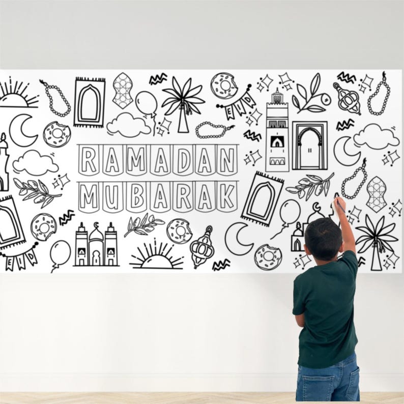 May include: A black and white coloring page featuring a variety of Islamic symbols and the phrase "Ramadan Mubarak". The page is designed for children to color in.
