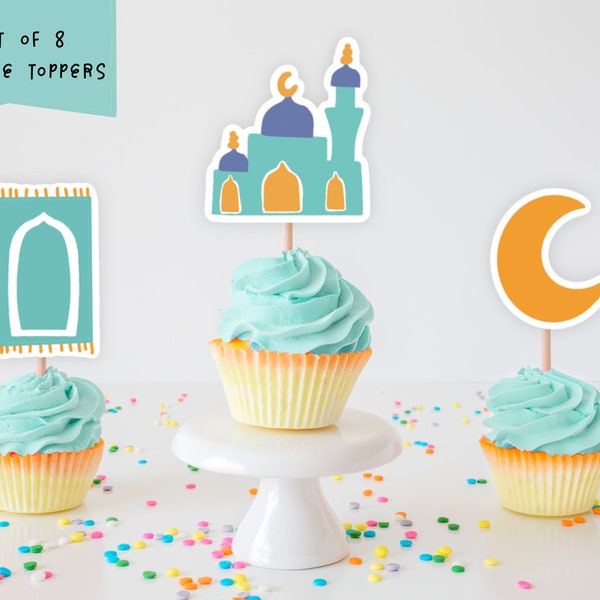 Ramadan and Eid Cupcake Toppers Set of 8 I Eid gifts| Eid Gift Bags | Eid Envelopes | Eid Cake topper | Ramadan Table Decor | Ramadan Cake