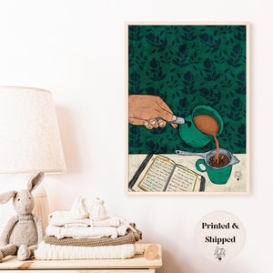 Coffee | Desi Pakistani Chai wall art print | Tea pot | Coffee lover artwork | Green painting | kitchen decor| Indian | Yemeni | Afghan tea