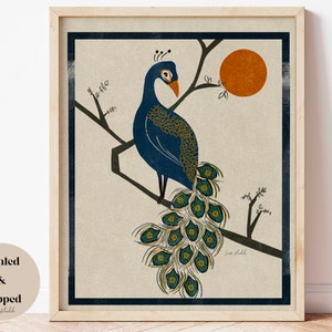 Vintage peacock original artwork, painting, wall art, peacock wall decor, linocut print, bird lover, modern wall art for home, living room