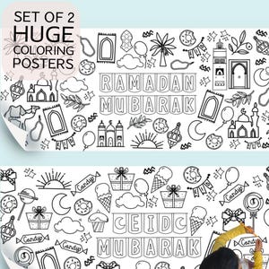 May include: Two black and white coloring posters with Islamic themes. The first poster features the text "Ramadan Mubarak" and various illustrations, including a mosque, a crescent moon, and a palm tree. The second poster features the text "Eid Mubarak" and various illustrations, including gifts, a crescent moon, and a cupcake.