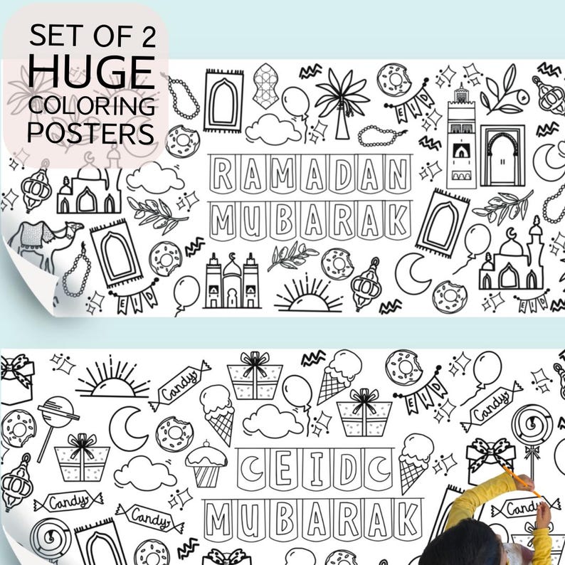 May include: Two black and white coloring posters with Islamic themes. The first poster features the text "Ramadan Mubarak" and various illustrations, including a mosque, a crescent moon, and a palm tree. The second poster features the text "Eid Mubarak" and various illustrations, including gifts, a crescent moon, and a cupcake.