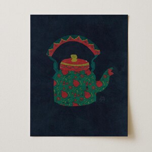 May include: A decorative illustration of a teapot with a green body adorned with red floral patterns. The handle and lid feature red and green accents. The background is a dark blue.