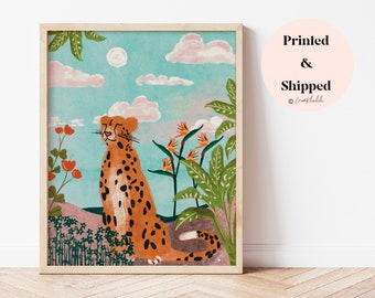 Cheetah wall art print, boho wild cat illustration painting, leopard artwork, big cat animal decor, jungle cat prints, feline room decor