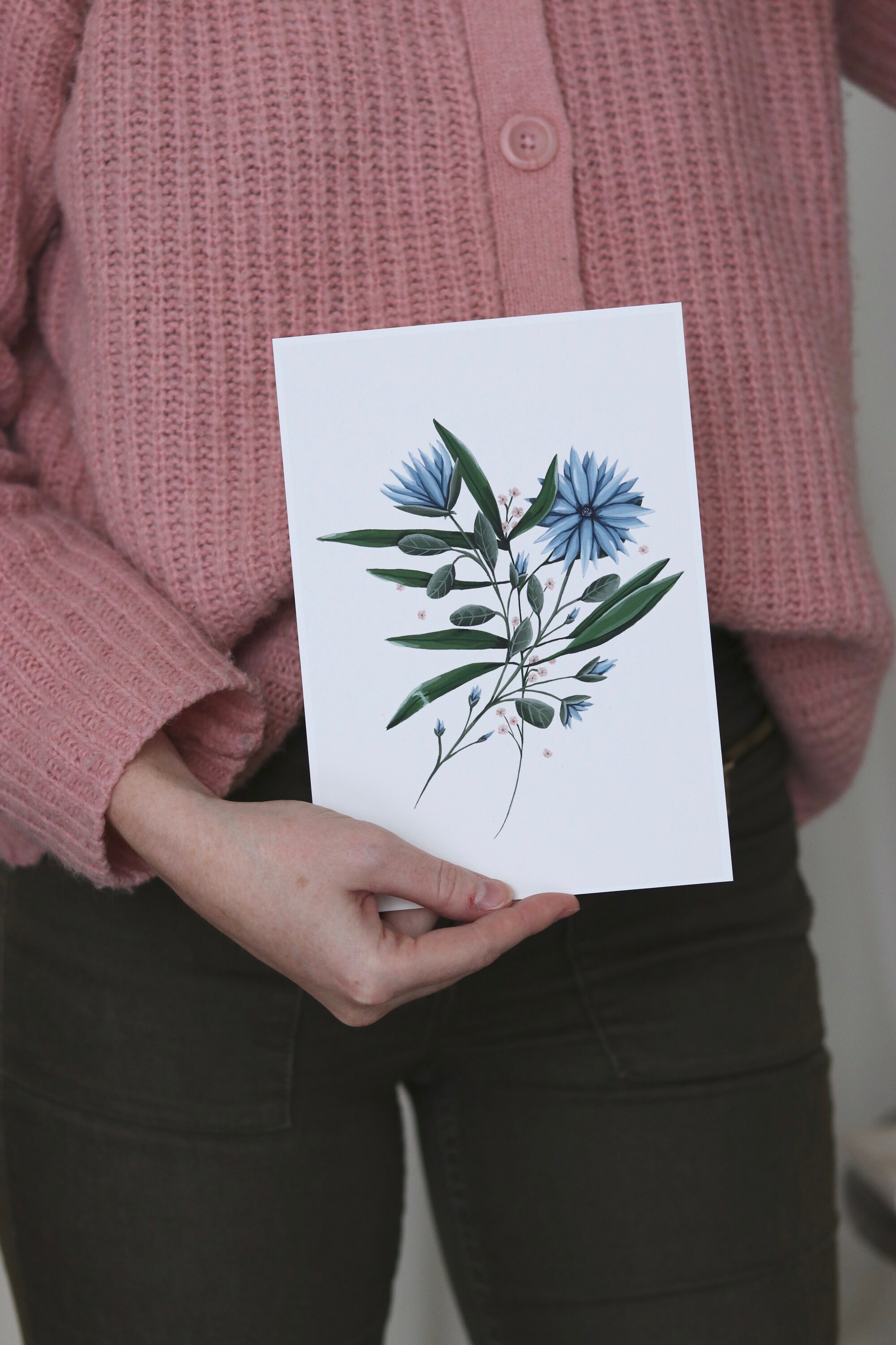 Affiche Print A5 ou A4 Bouquet d'hiver Fleurs Bleues et Feuillages Botanical Artprint Gouache Illust