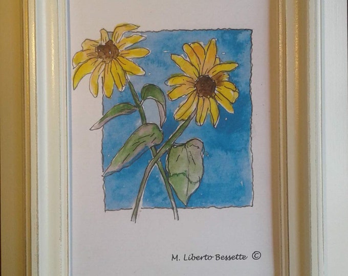 Two Back-eyed Susans, framed original watercolor painting by artist M. Liberto Bessette
