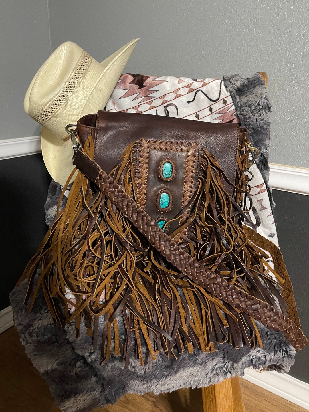Macie Leather With Heavy Fringe and Turquoise Detail Crossbody - Etsy