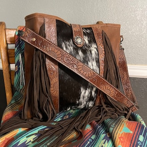 Sedona | Leather and Cowhide Purse with Fringe | Large Tote with Sunflower Tooled Strap and Accents