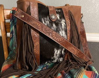 Sedona | Leather and Cowhide Purse with Fringe | Large Tote with Sunflower Tooled Strap and Accents
