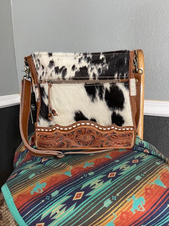 Amy' Tooling Leather Cowhide Bag Large With and Without Fringe