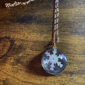 Round Snowflake Resin Necklace, Winter Jewelry, Snowflake Pendant Necklace, Statement Jewelry