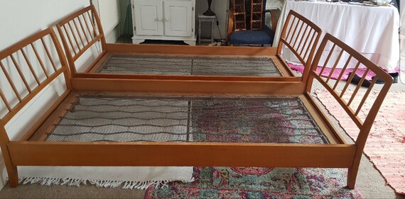 NOW SOLD A Matching Pair of Mid Century Sleigh Beds Vintage Oak