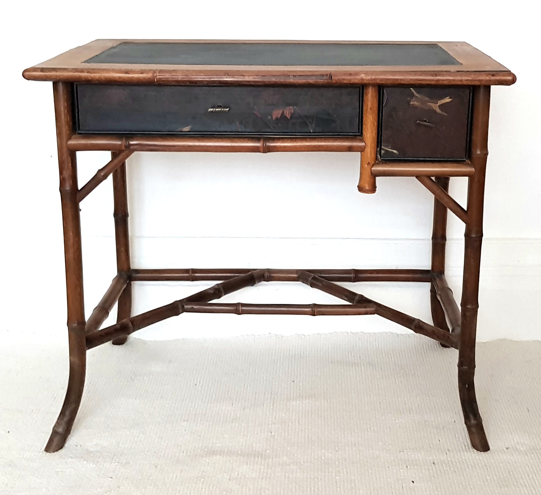 SOLD SOLD Victorian bamboo lacquered writing desk Chinoiserie antique bureau secretaire English antique Aesthetic Movement Bohemian