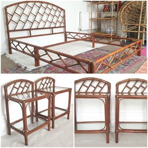 NOW SOLD Mid century Italian bamboo bed & matching bedside tables, rattan double bed, vintage bamboo headboard, rattan bedsides.