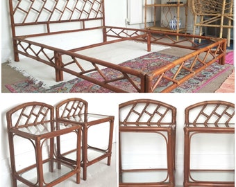 NOW SOLD Mid century Italian bamboo bed & matching bedside tables, rattan double bed, vintage bamboo headboard, rattan bedsides.