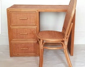 Midcentury bamboo desk chair, rattan dressing table, bohemian, retro, home office.