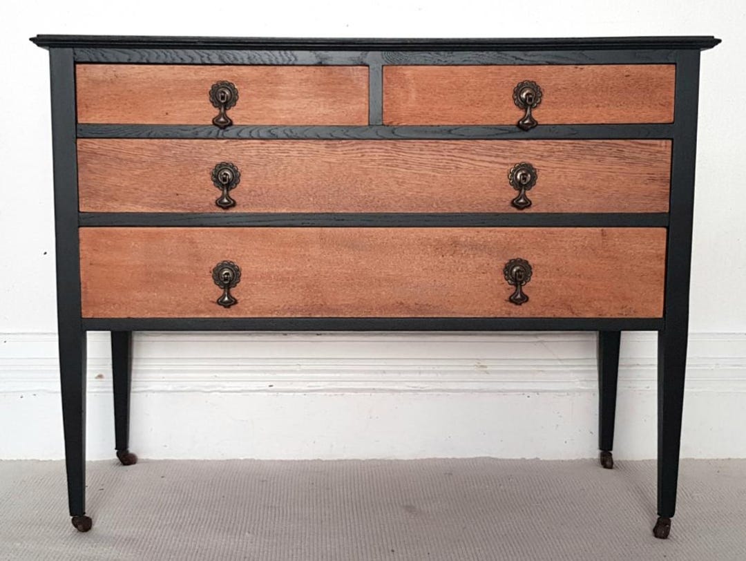 Antique Oak Chest of Drawers on Castors, Art Nouveau Painted Oak ...