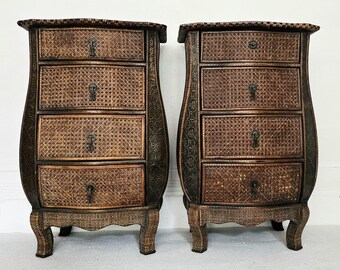 A Pair Of Vintage Anglo-Indian Rattan Bombe Chests, Rattan Bedside Tables, Mid Century Nightstands.