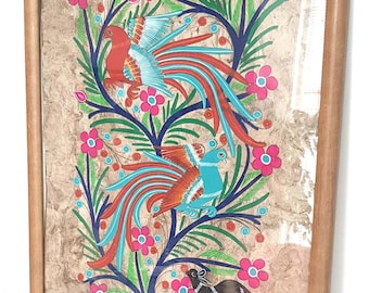 Vintage Mexican amata bark painting, Mexican  folk art.