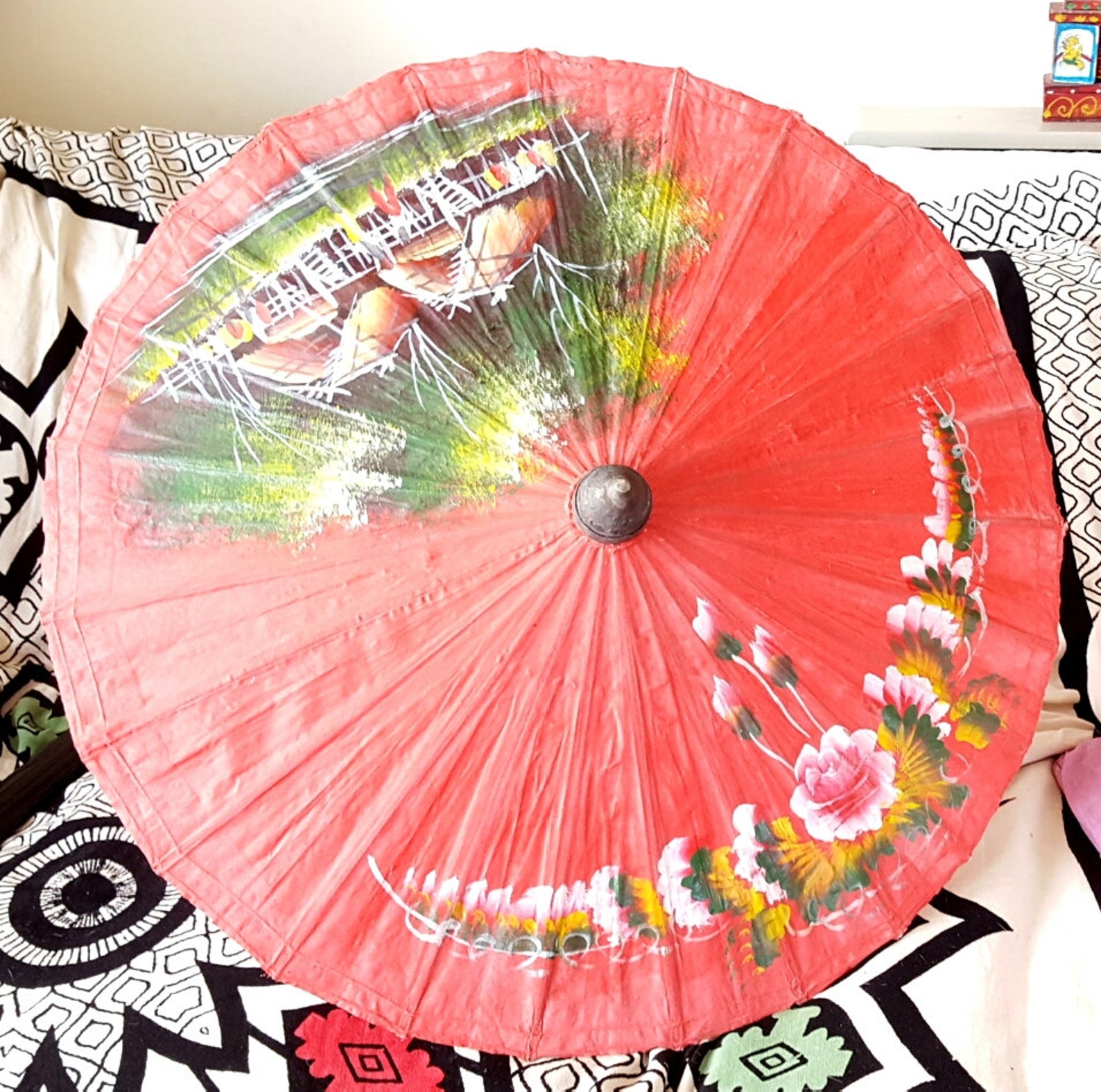 Vintage Japanese Parasol Handpainted Red Cotton Parasol Etsy UK