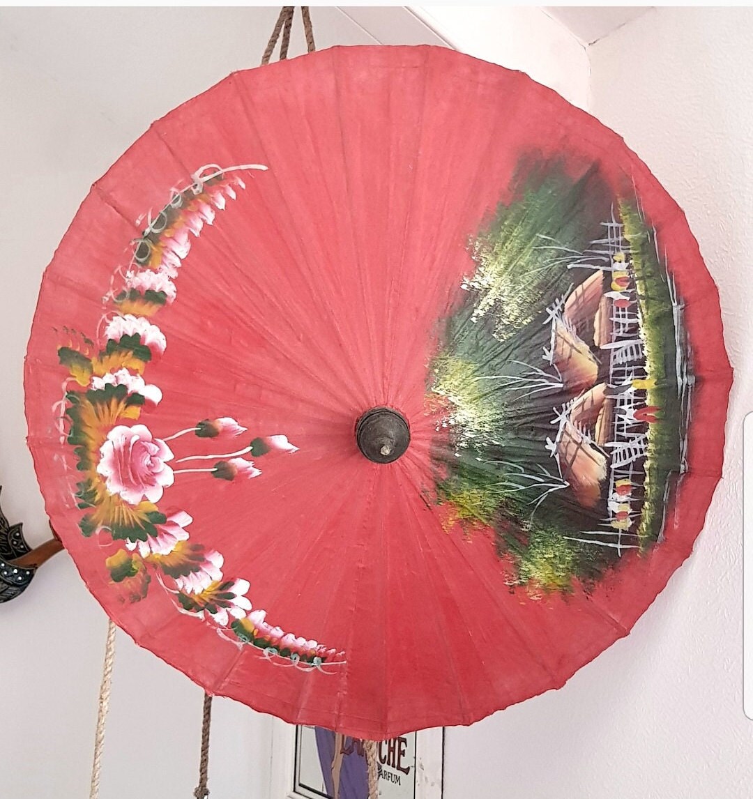 Vintage Japanese Parasol Handpainted Red Cotton Parasol Etsy UK