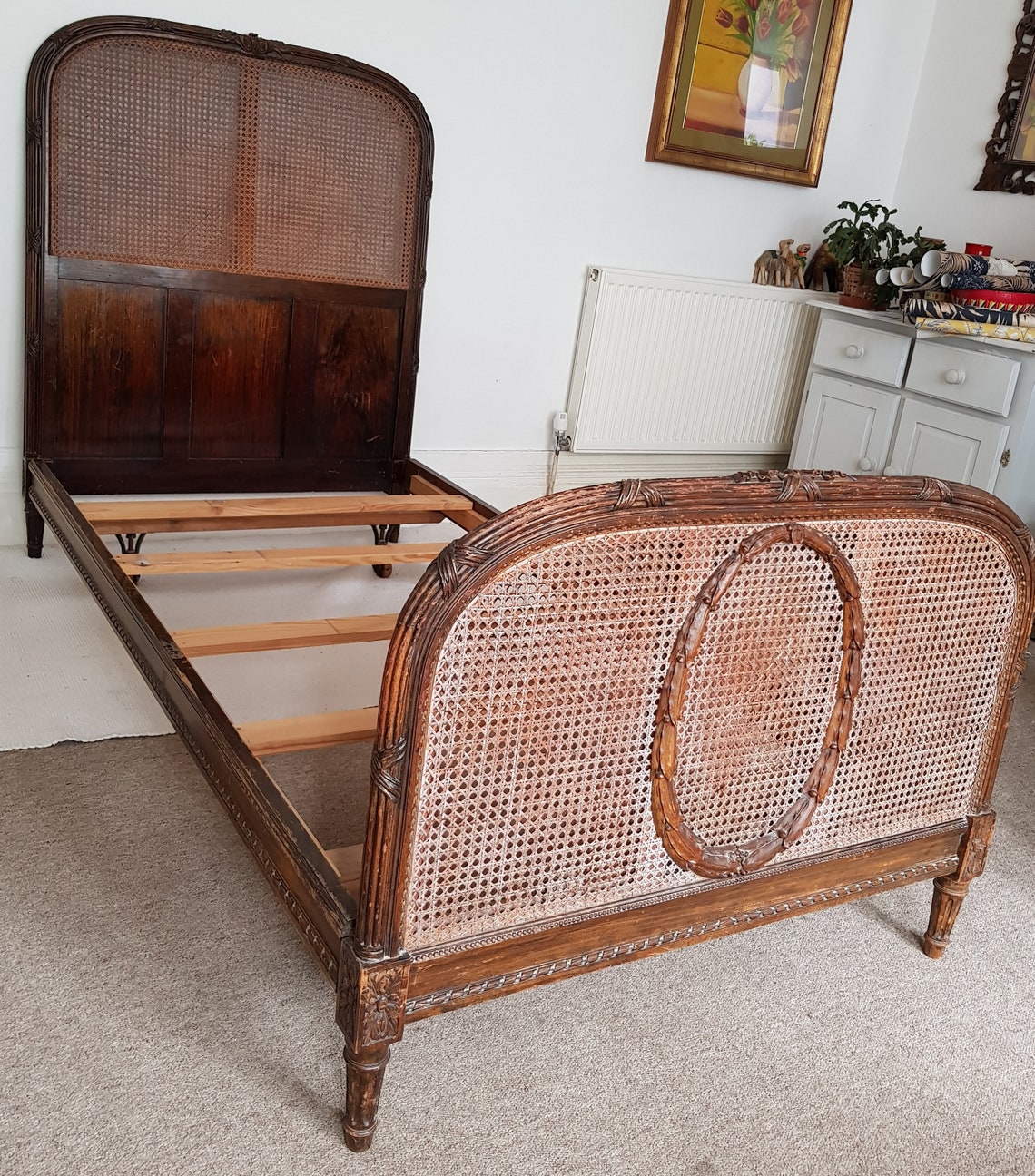 SOLD SOLD Antique French Rattan & Walnut Bed Vintage Etsy
