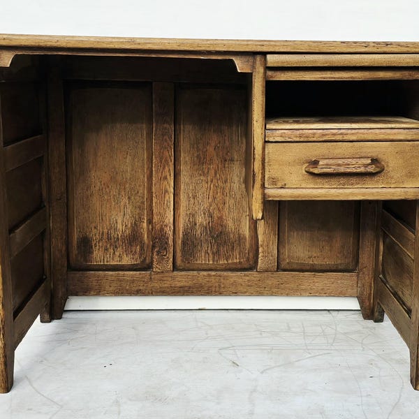 Petite antique oak panelled desk, vintage golden oak writing desk, child's desk, space-saving desk.