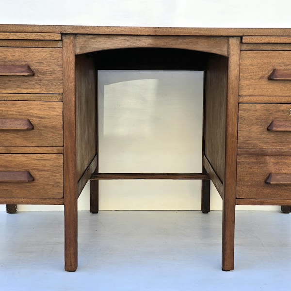 Vintage oak teacher's pedestal desk, mid century writing desk, 1950s desk, space-saving home office.
