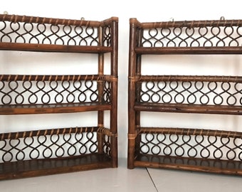 NOW SOLD A pair of vintage bamboo hanging shelf units, rattan display, Bohemian home, boho style.