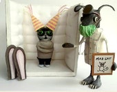 Mixed media dog sculpture, dog cat, textile art, diorama, cat sculpture, papier mache, small sculpture, folk art.