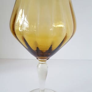 Italian midcentury amber oversized brandy glass, large balloon glass, clear stem, footed bonbon dish.