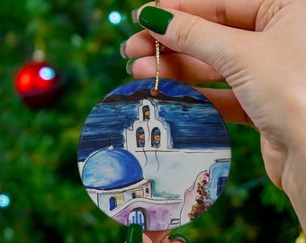 Santorini Greece Ceramic Ornament, Greek Island Blue Christmas Decoration, Hanging Travel Tree Ornament, Porcelain ornament, Church Dome