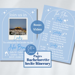 Itinerario de Lindos Grecia, despedida de soltera griega invitación a fiesta en la playa costera, editar plantilla de Canva, plan de boda de destino, despedida de soltera