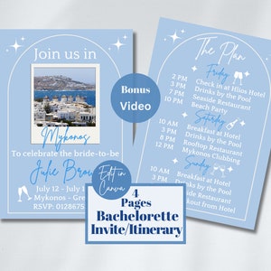 Invitación de despedida de soltera griega, itinerario de Mykonos Grecia, invitación a fiesta en la playa costera, editar plantilla de Canva, plan de boda de destino, despedida de soltera