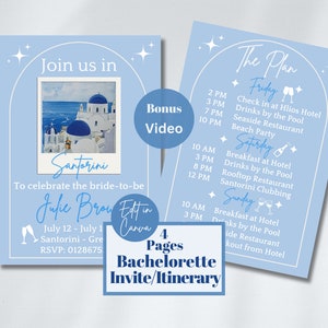 Invitación de despedida de soltera griega, itinerario de Santorini Grecia, invitación a la fiesta en la playa costera, editar plantilla de Canva, plan de viaje a la isla griega, despedida de soltera