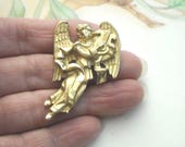 Heavy Vintage Gold Plated Angel Playing The Harp Coat Pin Brooch 2 quot x 1.25 quot Marked USA