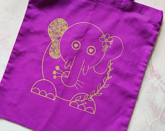 Floral Elephant Line-drawing Vinyl Tote Bag