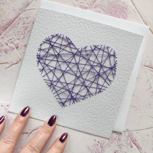 Handmade Threaded Heart Greeting Card Beautiful Valentines Day Card, Cards for her Purple