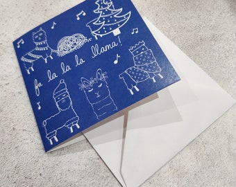 Blue Christmas Llama Small Square Printed Card