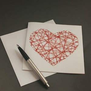Handmade Threaded Heart Greeting Card Beautiful Valentines Day Card, Cards for her Red