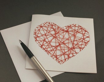 Handmade Threaded Red Heart Greeting Card - Beautiful Valentines Day Card, Cards for her
