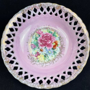 Rose antique peint à la main floral rose 20 cm bol bas dentelle bordures dorées Japon